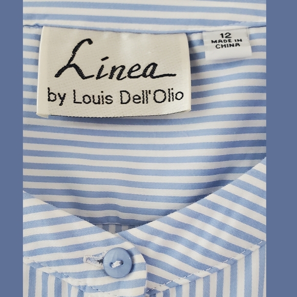 Linea by Louis Dell Olio Blue Pinstripe Tulip Sleeve Blouse Sz 12 - Picture 2 of 8